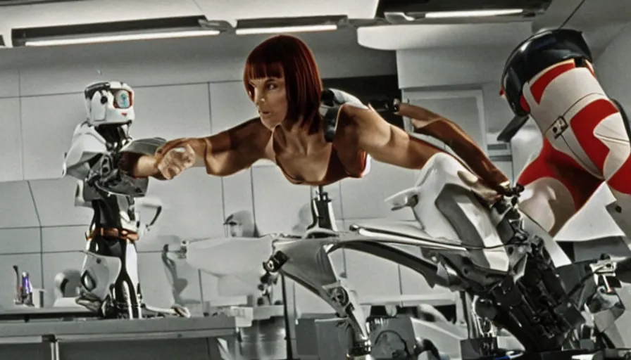 Image similar to The matrix, LeeLoo, Starship Troopers, Olivia Pope, 1960's Olympics footage, Sprinter athletes recovering from a race, tuning their mechanical legs with mechanics helping, intense moment, cinematic stillframe, backlit, The fifth element, vintage robotics, formula 1, starring Geena Davis, clean lighting