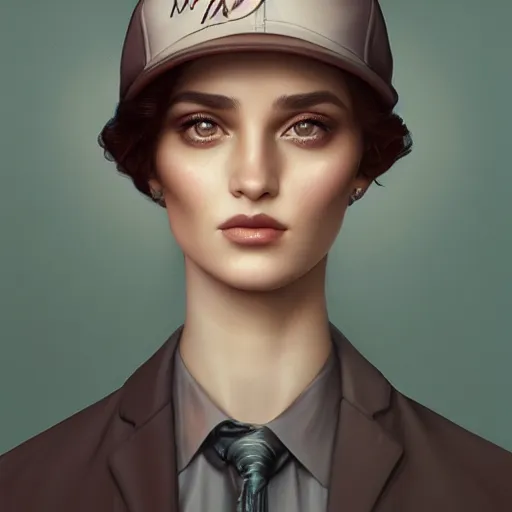 Image similar to tom bagshaw portrait, beautiful portrait of a woman with angel eyes in a suit, hair under a baseball cap, professionally retouched, focus eyes, ultra realistic soft painting, insanely detailed linework, symmetrical accurate intricate features, behance, 8 k