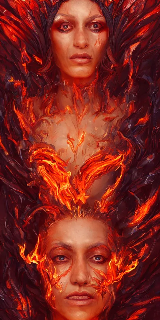 Image similar to Fantasy character portrait of distorted detailed painting of a queen woman made of fire, hyper detailed, red flames, trending on Artstation