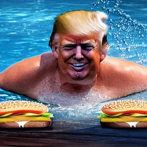 Prompt: Donald trump swimming in a pool filled with McDonalds hamburgers, award winning photograph, 4k, 400mm