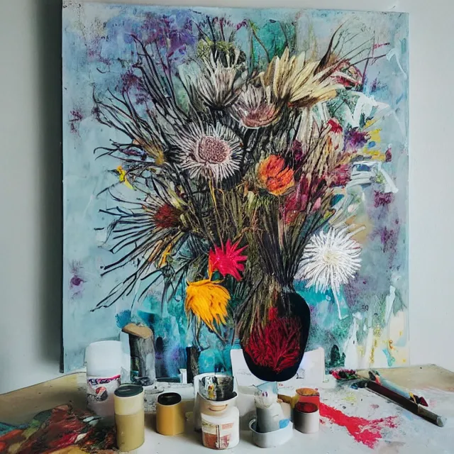 Image similar to “ a portrait in a female art student ’ s apartment, australian wildflowers, sensual, queer woman, flax, flannel flower, bottlebrush, eucalyptus, art supplies, a candle dripping white wax, clay, squashed berries, berry juice drips, acrylic and spray paint and oilstick on canvas, surrealism, neoexpressionism ”