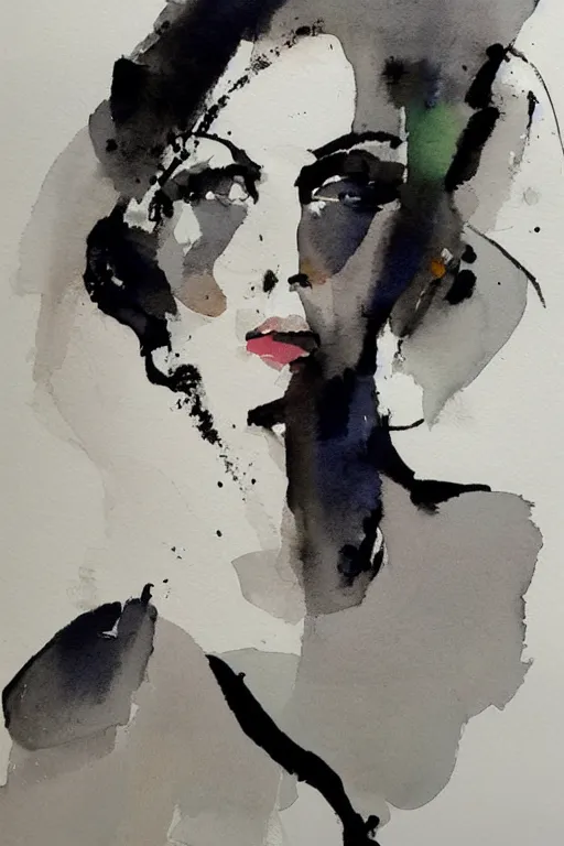 Image similar to beautiful face woman, grey, colorless and silent, watercolor portrait by David downton