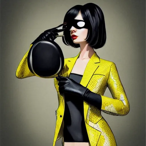 Image similar to slim girl in yellow snake skin tuxedo and black leather gloves with short black hair and with black eye patch, elegant, 2d, ultra highly detailed, digital painting, smooth, sharp focus, artstation, art by Ilya Kuvshinov