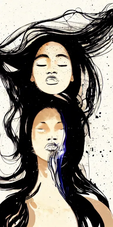 Prompt: dark background, light paint, candid!! long abstract paint portrait of a very very beautiful! young filipino woman with very narrow face, closed eyes and flowing long hair, swirling dreamy smoke and fog is coming from her mouth, face partially obscured, by conrad roset, abstract background, dramatic lighting, minimal art, trending on artstation