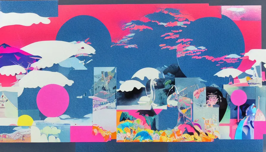 Prompt: Japan travel and adventure isolated on a minimalist negative space predominant white acrylic base coat, surreal minimalist perfect geometry coherent motif mixed media collage acrylic airbrush painting by Jules Julien, Leslie David and Lisa Frank, muted colors with minimalism, neon color mixed collage cutout details