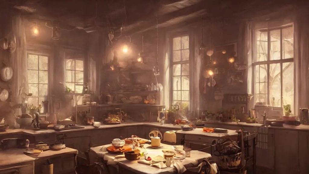 Prompt: a photorealistic hyperrealistic render of an interior of a beautifully decorated cozy kitchen by pixar, greg rutkowski, wlop, artgerm, dramatic moody nighttime lighting, long shadows, volumetric, cinematic atmosphere, octane render, artstation, 8 k
