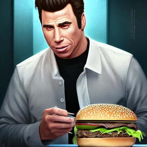 Prompt: portrait of John Travolta eating big mac hamburgers, extra onions and ketchup, hyperdetails, displacement mapped octane render, luscious patty with sesame seeds, ethereal, handsome, D&D, fantasy, intricate, elegant, highly detailed, digital painting, artstation, concept art, matte, sharp focus, illustration, art by Artgerm and Greg Rutkowski and Alphonse Mucha