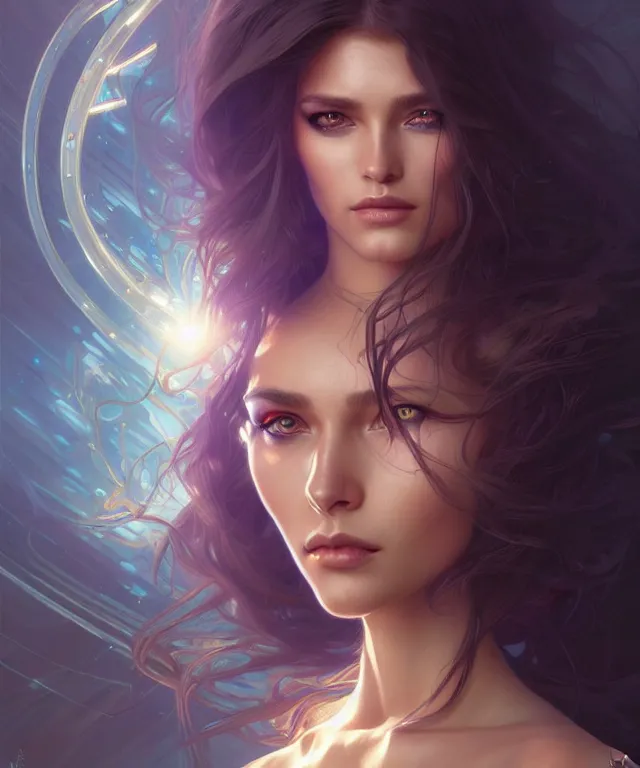 Image similar to futuristic woman portrait, sci-fi, amber eyes, face, long hair, fantasy, intricate, elegant, highly detailed, digital painting, artstation, concept art, smooth, sharp focus, illustration, art by artgerm and greg rutkowski and alphonse mucha