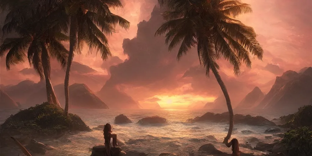 Image similar to beautiful hyper realistic island scenery at sunset, sand, tropical plants, albumcover, beautiful painting by greg rutkowski, ross tran, wlop, set in lord of the rings, starcraft, atmosphere, ethereal, magic, amazing, positive vibes