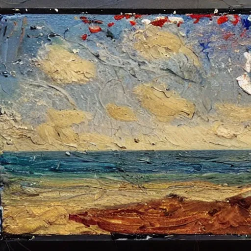 Image similar to oil paint impasto relief, beautiful evening italian beach scene, stormy rough sea, multi layered thick brush marks, some splattered paint, in the style of ivan shishkin and frank auerbach and van gogh