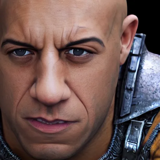 Image similar to highly detailed octane render of a close up portrait of Vin Diesel wearing a shirt and armour and screaming in a old school television