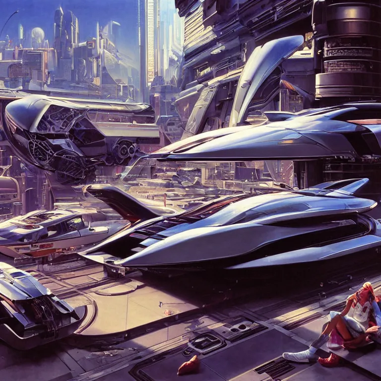 Prompt: hyperrealistic painting of a slice of life from a futuristic city, mechanical designs, futuristic vehicles, robotics, technological, cinematic, cyberpunk style, highly detailed, realism, acrylic on canvas, 8 k resolution, concept art, by noriyoshi ohrai, syd mead, james gurney