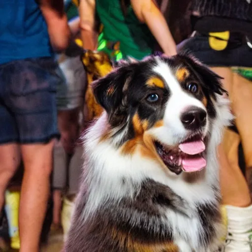 Image similar to australian shepherd at a rave party