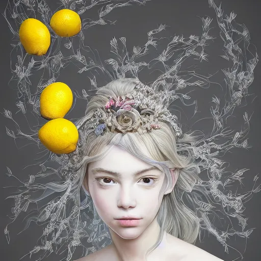 Image similar to the portrait of an absurdly beautiful, graceful, elegant, sophisticated, young teen girl made up of lemons looking up, an ultrafine hyperdetailed illustration by kim jung gi, irakli nadar, intricate linework, bright colors, octopath traveler, final fantasy, unreal engine 5 highly rendered, global illumination, radiant light, detailed and intricate environment