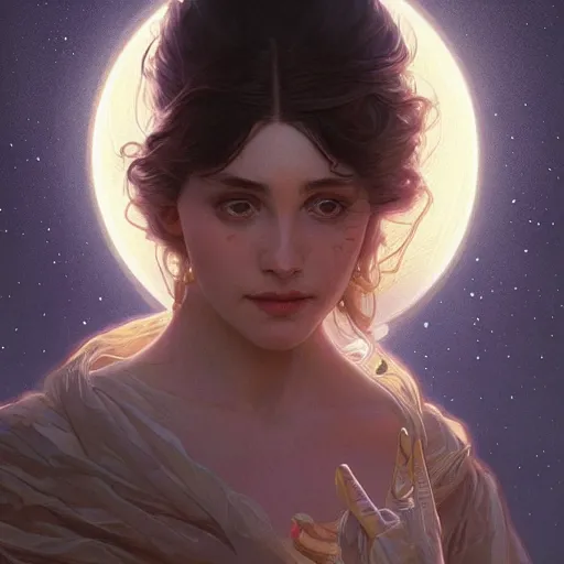 Image similar to Portrait of a moon, intricate, elegant, highly detailed, digital painting, artstation, concept art, smooth, sharp focus, illustration, art by artgerm and greg rutkowski and alphonse mucha