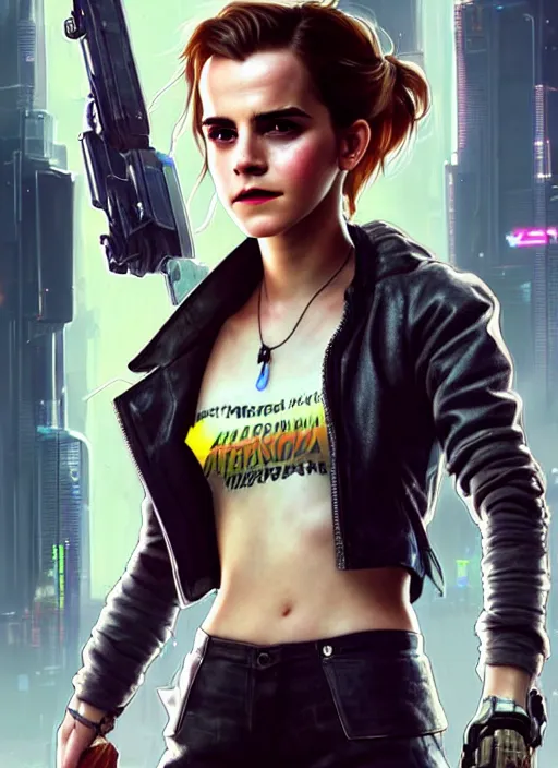 Prompt: portrait of Emma Watson as a character in Cyberpunk 2077, looking at camera, intricate, elegant, sci-fi, extremely detailed, digital painting, artstation, concept art, smooth, sharp focus, illustration, ambient lighting, incredible art by artgerm and greg rutkowski and alphonse mucha and simon stalenhag