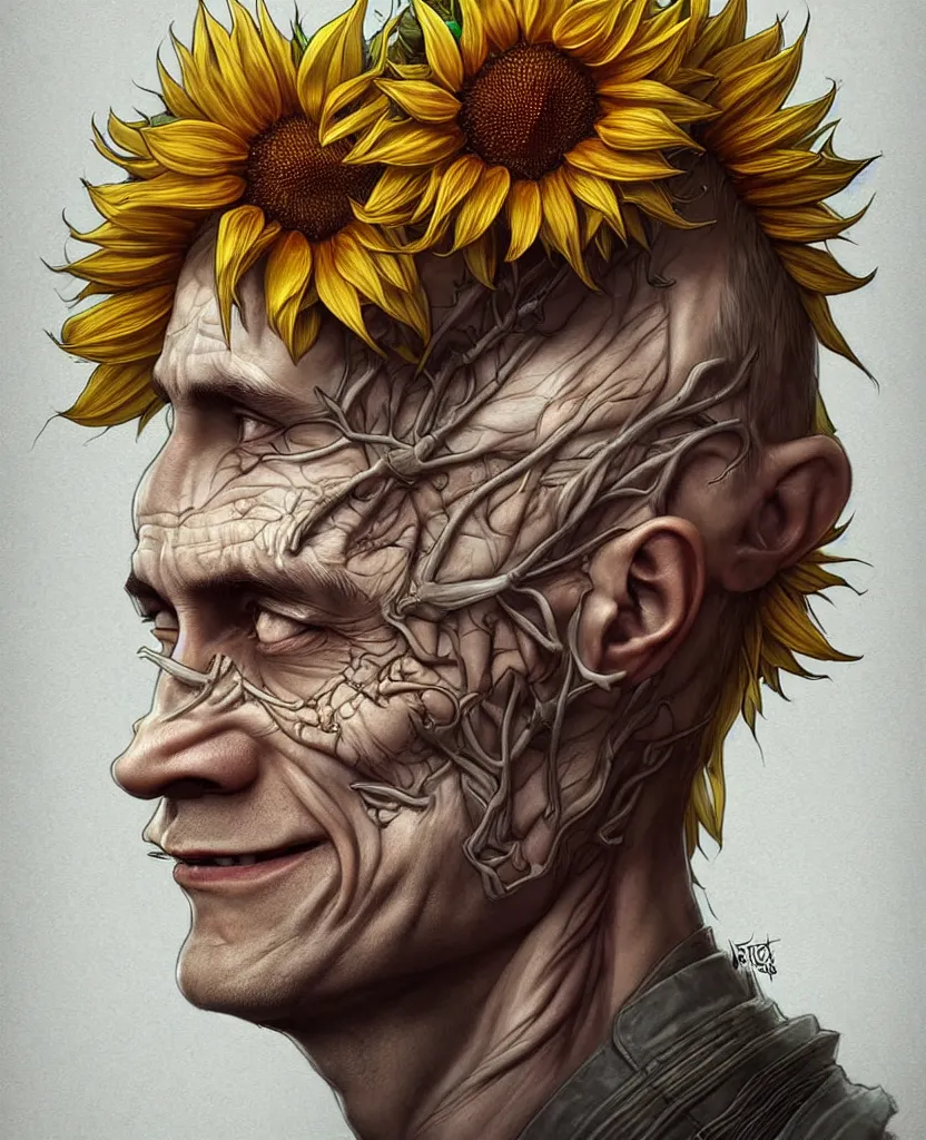 Image similar to digital art, centered full body of young any old Putin smiling king, Sunflower crown, ,intricate, veins, by James Jean and by artgerm , by ross tran ultradetailed, charachter design, concept art, trending on artstation,