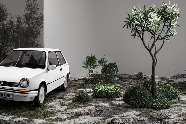 Image similar to a small miniature of a Peugeot 309 Vital on a white table near a vase with a plant, 3d render, unreal engine 5, octane render, 4k, low contrast, path tracing, serene landscape, calm, relaxing, beautiful landscape, highly detailed, high quality, product photo, hyperrealistic, concept art, symmetrical