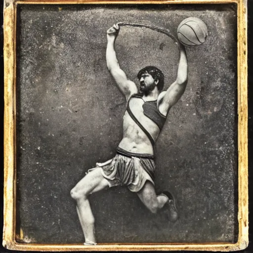 Image similar to Daguerreotype of a Byzantine warrior dunking a basketball into a hoop