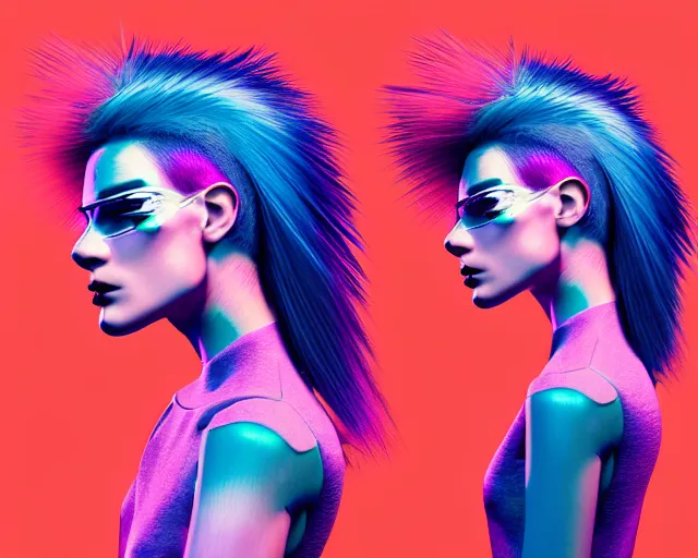 Prompt: portrait of a post modern cyber hybrid fashion model with an exuberant hair style, colorful, octane render, vray, detailed, halftoned, editorial illustration, matte print, grainy light, ( ( dither ) ), risograph, high contrast, screen print, grainy texture