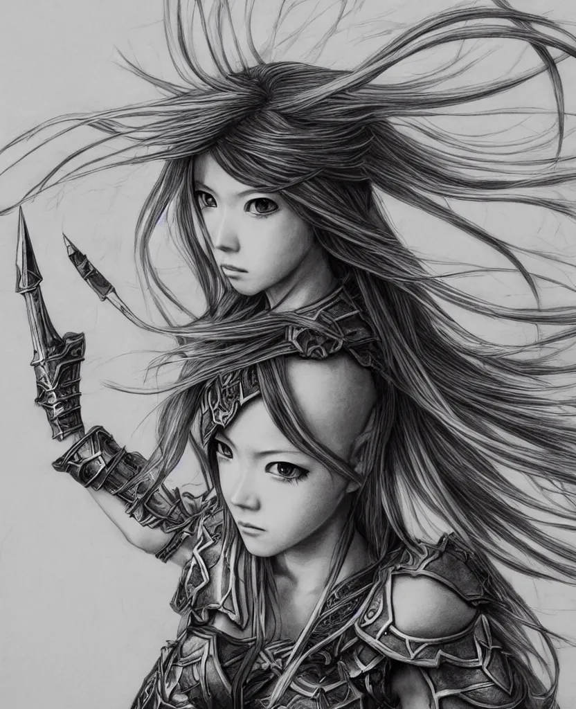 Prompt: hyper - realistic pencil drawing of a fantasy warrior anime woman withwith long hair twirling, very exaggerated fisheye perspective, art by shinichi sakamoto