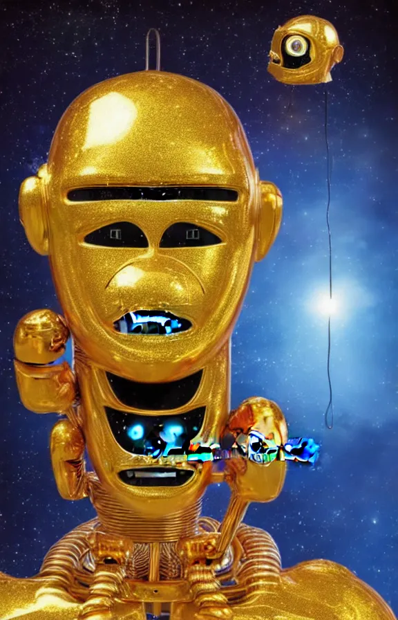 Image similar to portrait of a robot humanoid alien with golden armature, monkey alien face and medieval helmet. Galactic iridescent background in the style of Tim white and moebius