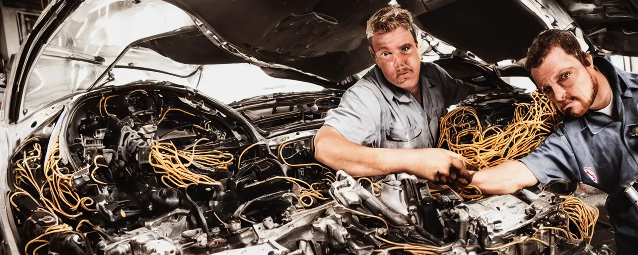 Image similar to a mechanic working on a car, with an engine made of spaghetti, facial expression, canon 5 0 mm, cinematic lighting, photography, retro, film, kodachrome, closeup