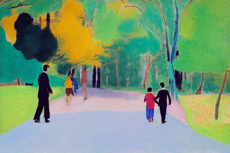 Prompt: a very tall man with dark hair holding the hands of a short young boy with dark hair as they walk down a suburban highway on a bright beautiful colorful day. part in the style of an edgar degas painting. part in the style of david hockney