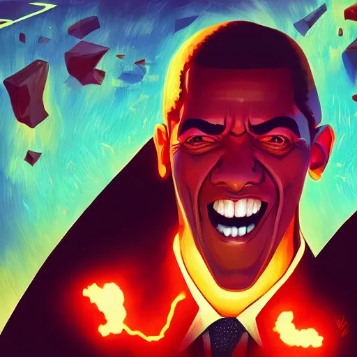 Image similar to evil obama destroying world, digital painting, artstation, ristan eaton, victo ngai, artgerm, rhads, ross draws, anime styled