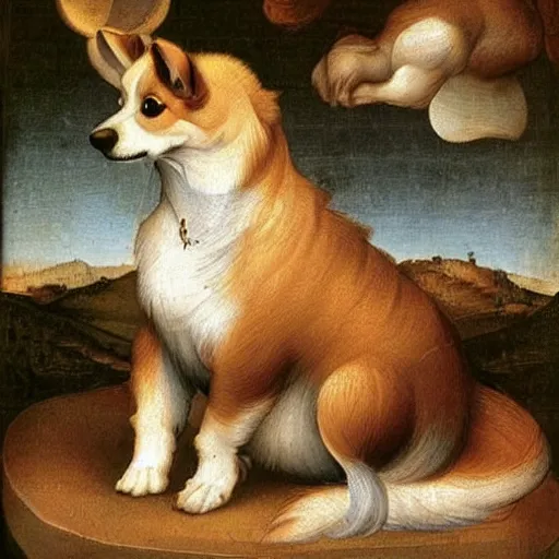 Image similar to corgi dog in cosmos painting, leonardo da vinci style