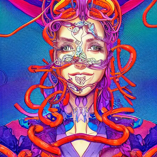 Image similar to the face of a ridiculously beautiful and pretty woman partially made of onion rings of all colors looking up, an ultrafine detailed illustration by james jean, final fantasy, intricate linework, bright colors, behance contest winner, vanitas, angular, altermodern, unreal engine 5 highly rendered, global illumination, radiant light, detailed and intricate environment