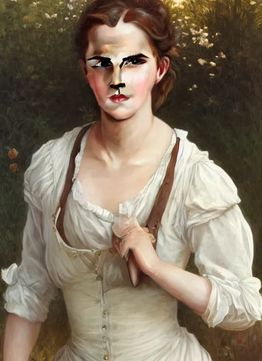 Image similar to portrait emma watson as 21th century country girl, full length shot, shining, 8k highly detailed, sharp focus, illustration, art by artgerm, mucha, bouguereau