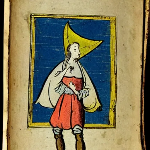 Image similar to a 1 8 th century illustration manuscript illustration of a medieval peasant holding a large blue trident above his head.