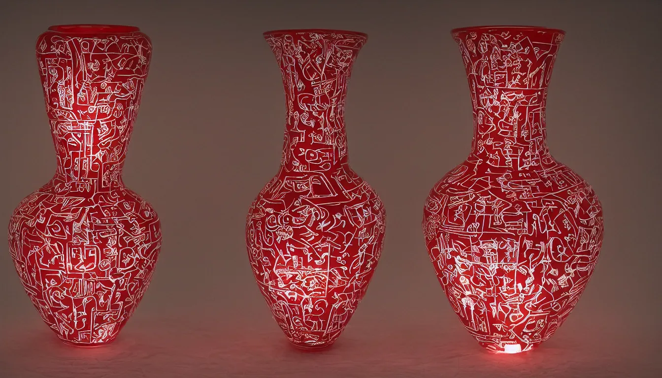 Image similar to beautiful red and white vase covered in occult glyphs that are glowing with a malevolent energy
