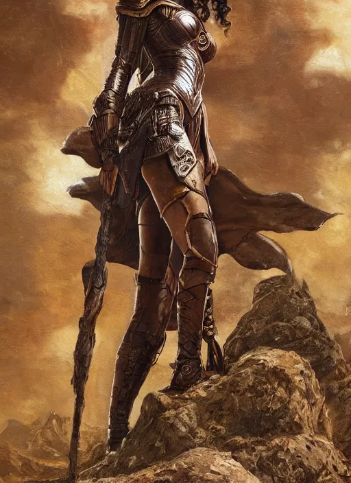 Image similar to highly detailed steampunk armor on gal gadot who is standing on a rock : leonardo da vinci, greg rutkowski, magali villeneuve