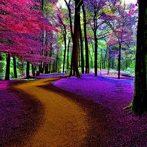 Image similar to infra-red, color, photography, forest, purple, blue, yellow, filtered, dappled, path, quaint, calming