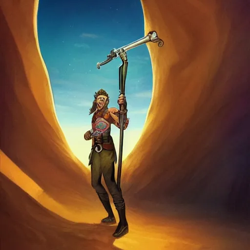 Image similar to a man holding a large blunderbuss. standing in a sand dune. colorful, bright, fantasy, artgerm, dnd, fantasy, rpg