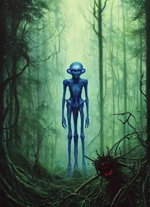 Image similar to hyper realistic spooky alien in the woods in a river gorgeous lighting, lush forest foliage blue sky a hyper realistic painting by chiara bautista and beksinski and norman rockwell and greg rutkowski, tom bagshaw weta studio, and lucasfilm