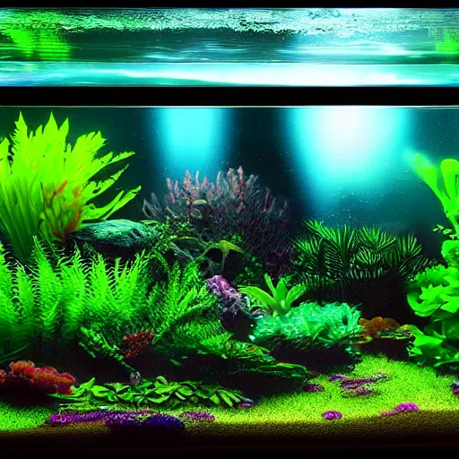 Image similar to glowing aquarium with plants inside digital art scary gothic mysterious