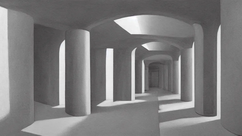 Image similar to minimalist industrial interior hallway with monolithic pillars in the style of ridley scott and stanley kubrick, impossible architecture, ultra view angle view, realistic detailed painting by edward hopper