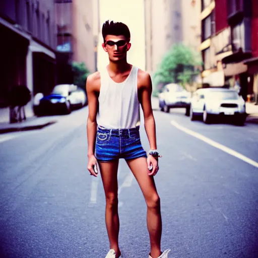 Image similar to gracefully enchanting portraiture of finely fashionable, elegantly dressed, beautifulianticist reserved young uzbek model who is slender, tank top, denim shorts. nikon fm 2 film still taken on a street in manhattan.