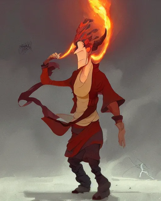 Image similar to longnose squidward wearing fire nation clothing and practicing firebending outside at susnset, [ greg rutkowski ]