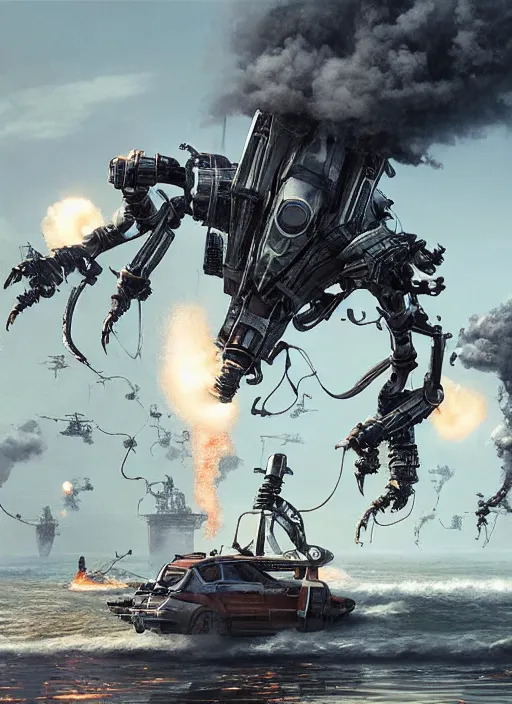 Image similar to hyper realistic squid robot attacking cape town city, table mountain explosions, atmospheric beautiful details, strong composition drawn in ink by kim jung giu weta studio rutkowski, james gurney and greg rutkowski, and lucasfilm