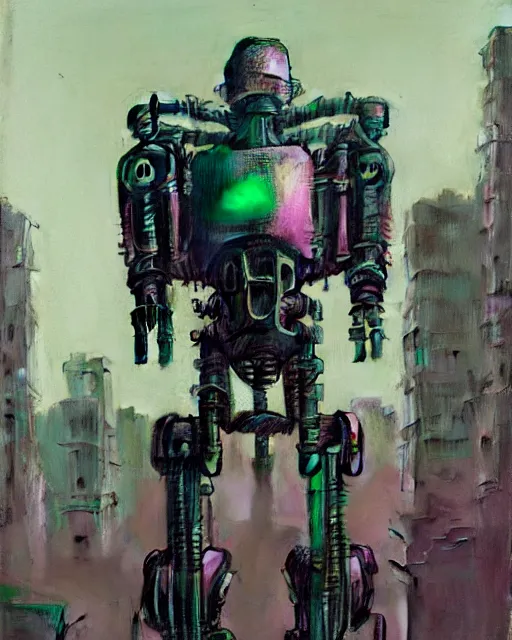 Prompt: hyperrealistic highly detailed exoskeleton mecha iridescent pink brutalist city ruins background concept art santiago caruso de chirico sharp very dramatic green light 8k low angle shallow depth of field