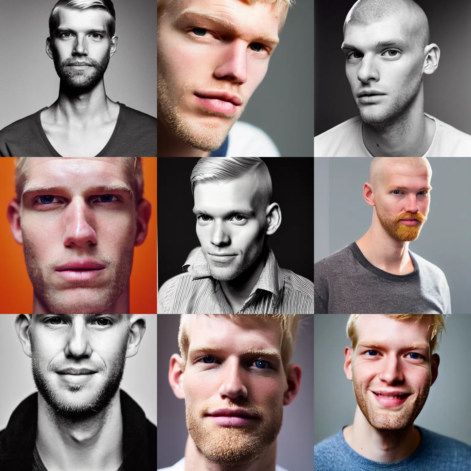 Prompt: close-up portrait of a tall thin blond man late-twenties with a square face and shaved head and squinty eyes and an orange beard and rosy cheeks.