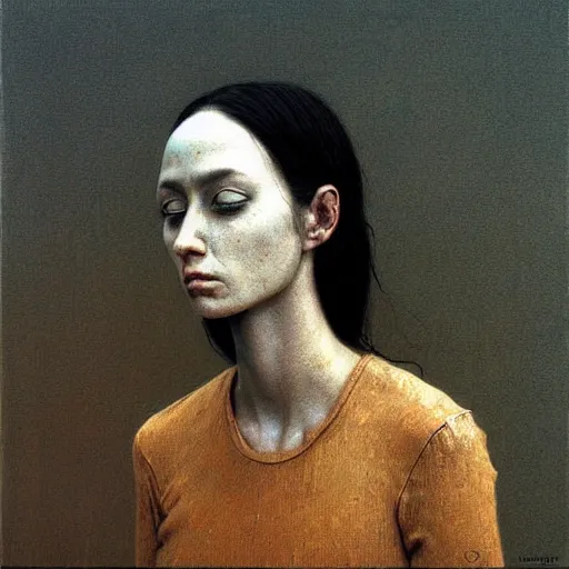 Prompt: portrait of 29 years old girl, painting by Beksinski