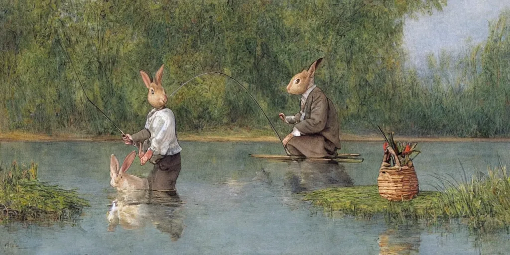 Image similar to a rabbit fishing by a calm lake, in the style of carl larsson