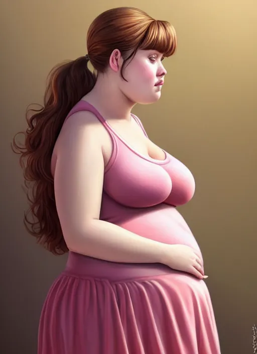 Image similar to full body portrait of teenage betty cooper, obese, bangs, ponytail, sultry, realistic, sultry smirk, ponytail hairstyle, fluffy bangs, curly bangs, skirt, fat, belly, intricate, elegant, highly detailed, digital painting, artstation, concept art, smooth, sharp focus, illustration, art by wlop, mars ravelo and greg rutkowski