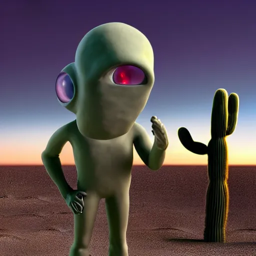 Image similar to a sad Roswell grey alien trying to repair his crashed burning spacecraft in the desert, cactus and rocks in the background, dusk, featured on zbrush central, hurufiyya, zbrush, polycount, airbrush art