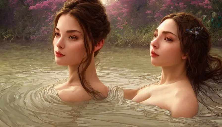 Image similar to jealousy, perfectly-centered-Portrait of the most beautiful woman on the planet floating in the river, intricate, highly detailed, digital painting, artstation, concept art, smooth, sharp focus, illustration, Unreal Engine 5, 8K, art by artgerm and greg rutkowski and alphonse mucha